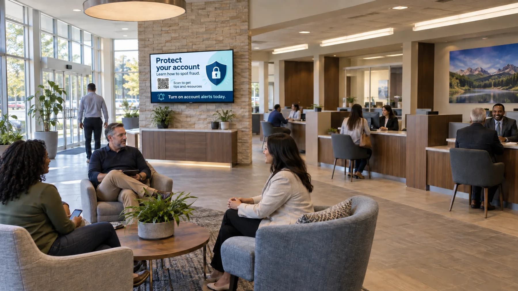 Credit union lobby with a TV channel teaching members how to protect their accounts