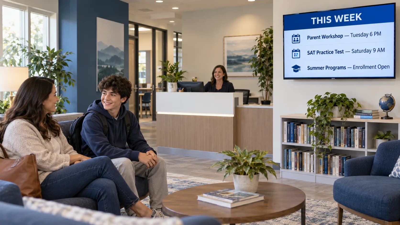 Education center reception area with a parent and student beside a television showing upcoming workshops and programs